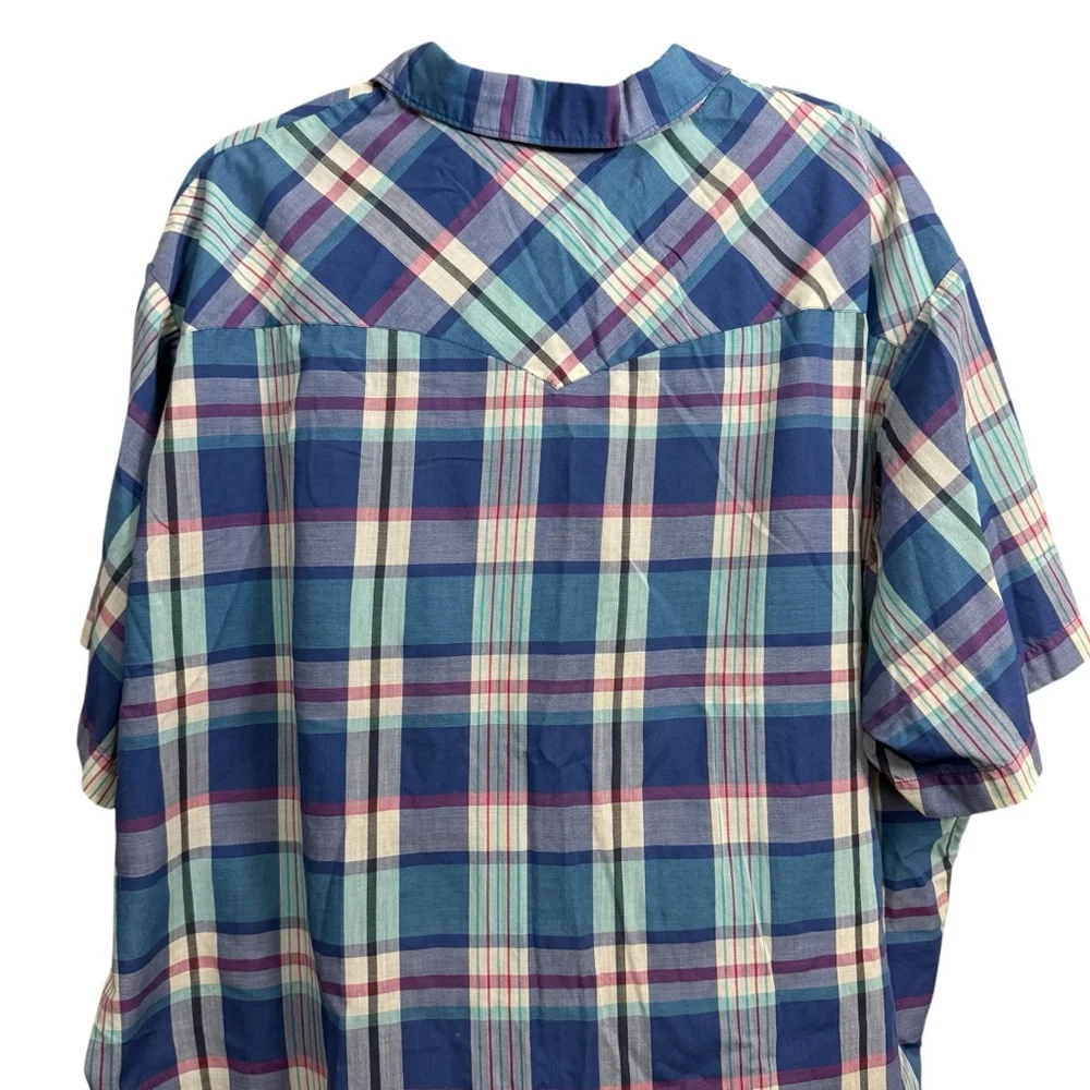 Vintage Y2K Big Man Wrangler Pearl Snap Plaid Western Shirt Size 3X Blue - Picture 6 of 8